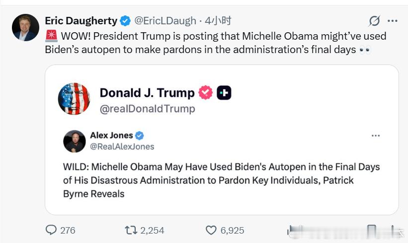 【黄金时代】川普总统发帖称，米歇尔·奥巴马可能在拜登政府执政的最后几天使用了拜登