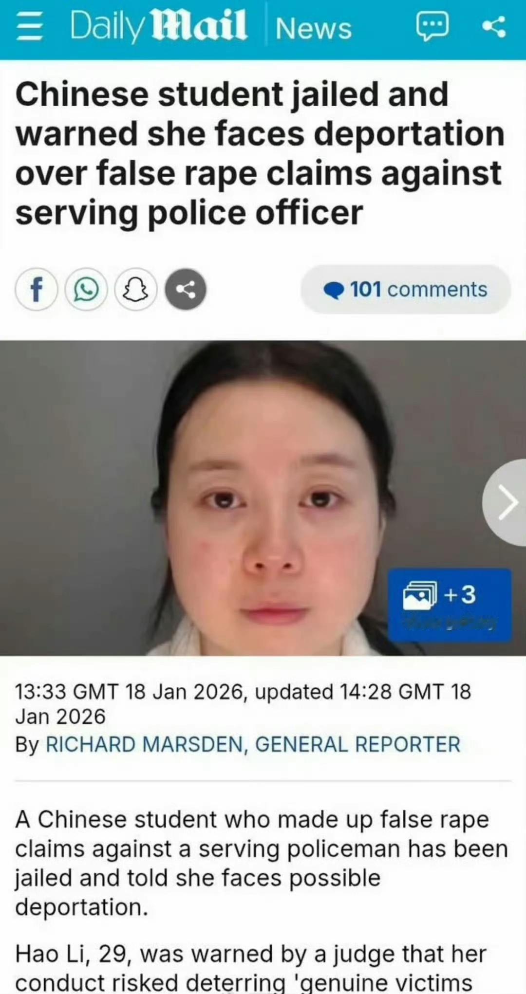 丢人丢到国外了，一名二十九岁的女留学生通过社交软件认识了一名英国警察，自愿发生关