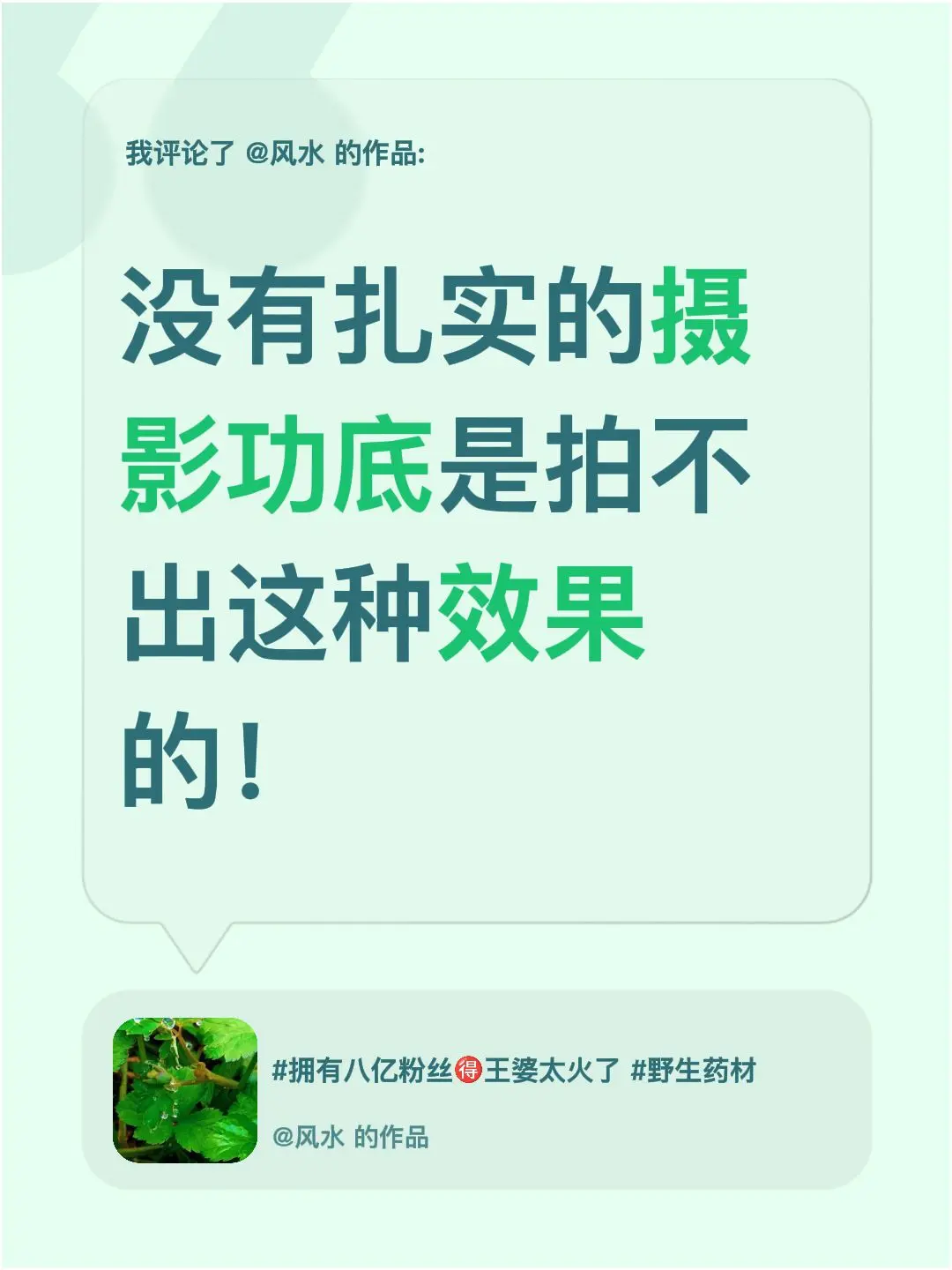 我评论了 的作品： 没有扎实的摄影功底是拍不出这种效果的！