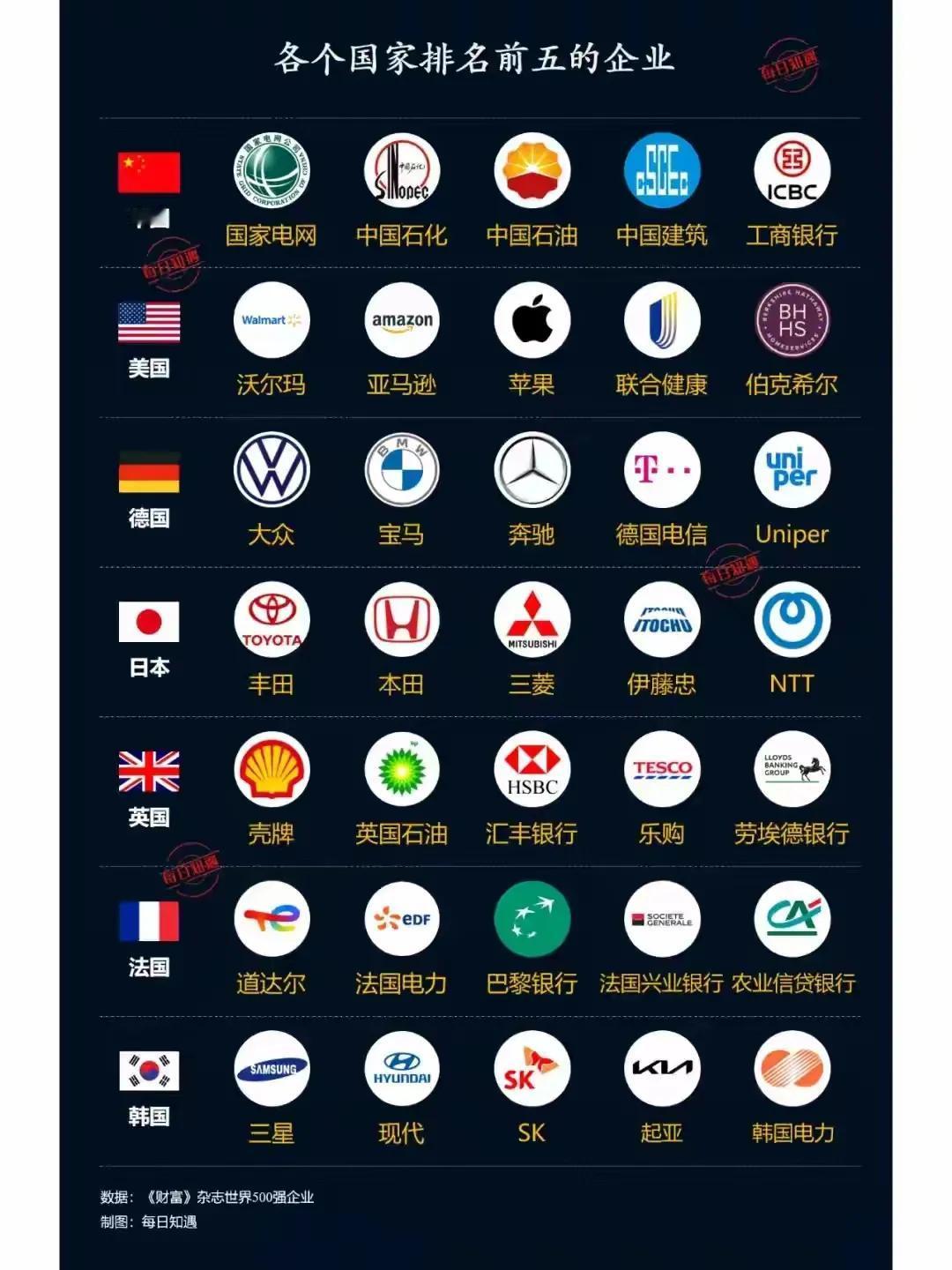 各国排名前五的企业