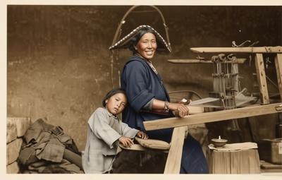 1930年8月12日，江孜附近的村子，一位藏族妇女在纺羊毛的木机旁微笑，身旁依偎