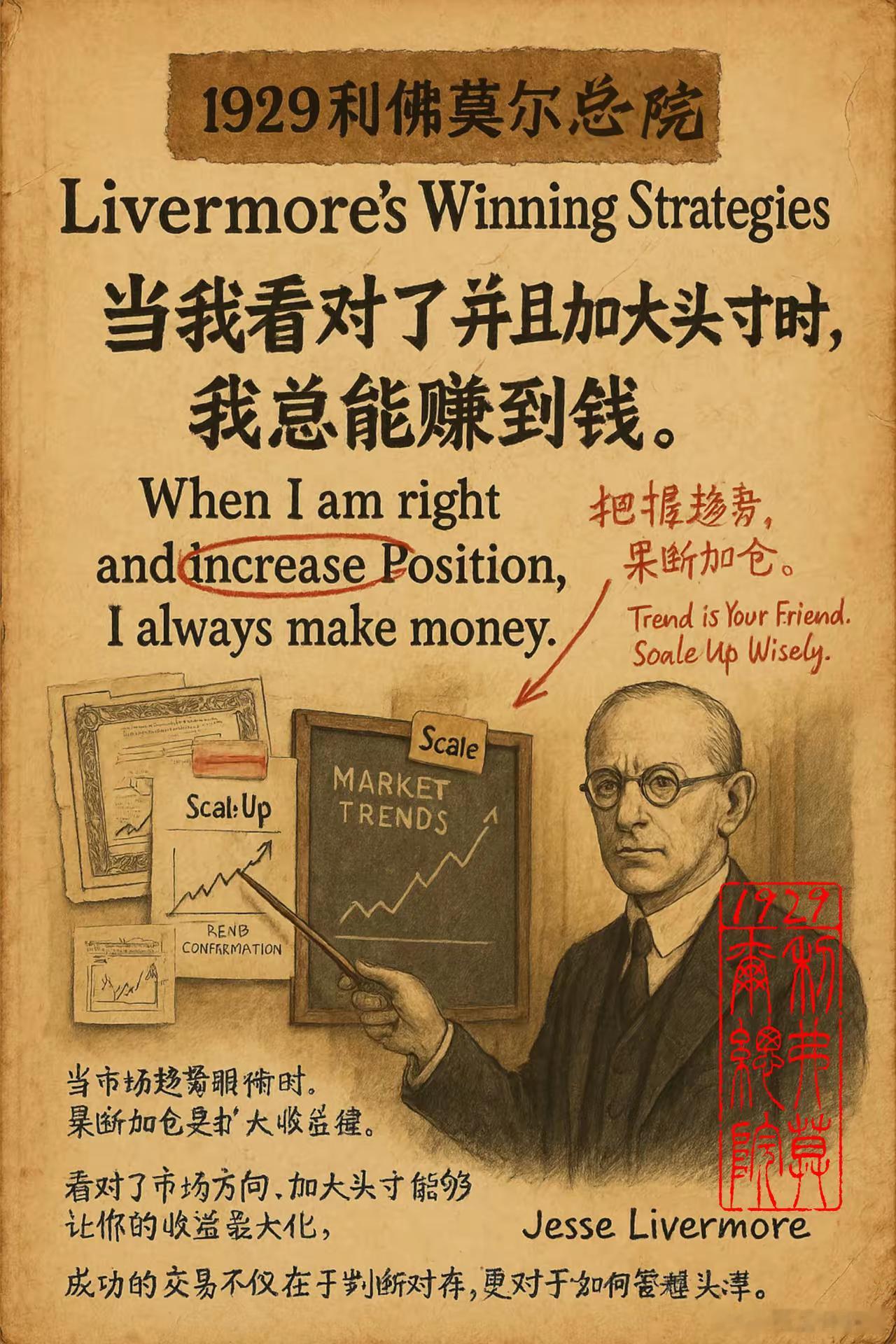利弗莫尔留下一句话！看准只是入场券，加磅才是印钞机利弗莫尔说：当我看对了，并且加