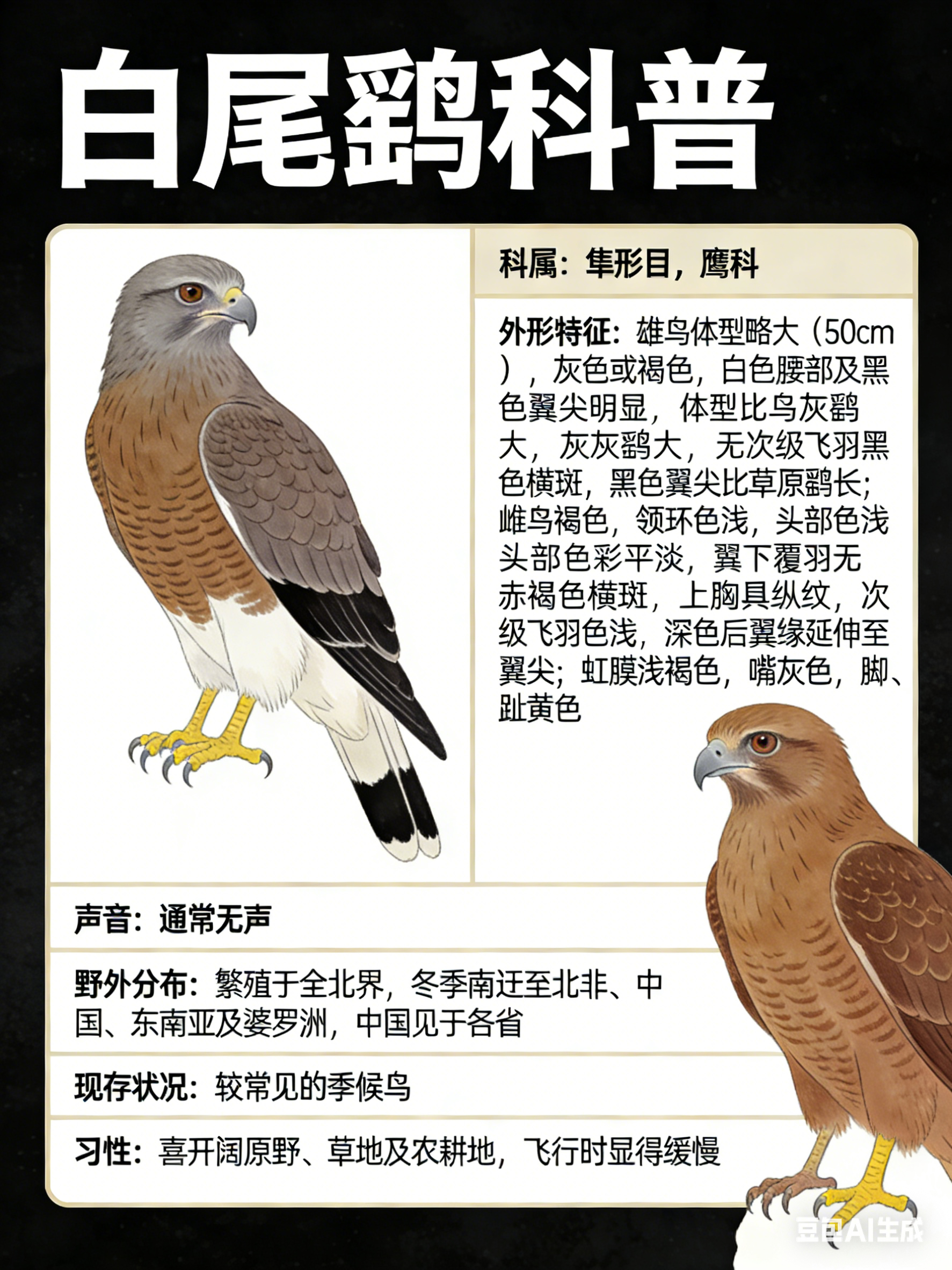 鸟类朋友图鉴 白尾鹞·科属：隼形目，鹰科。·外形特征：雄鸟体型略大（50cm）的