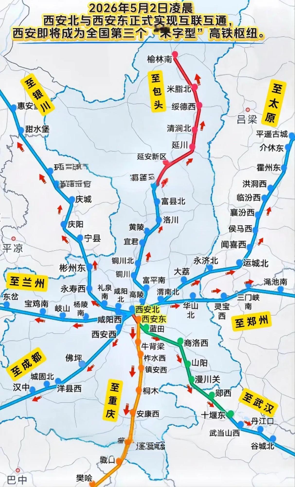 5月2日郭北联络线全线贯通，西安北站与西安东站实现互联互通

2026年5月2日
