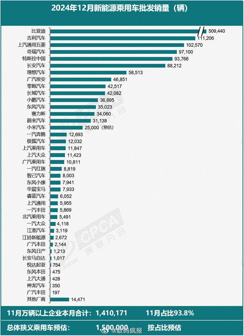 2024年12月新能源乘用车批发销量榜出炉：一个判断：3年内top5汽车厂商吃掉