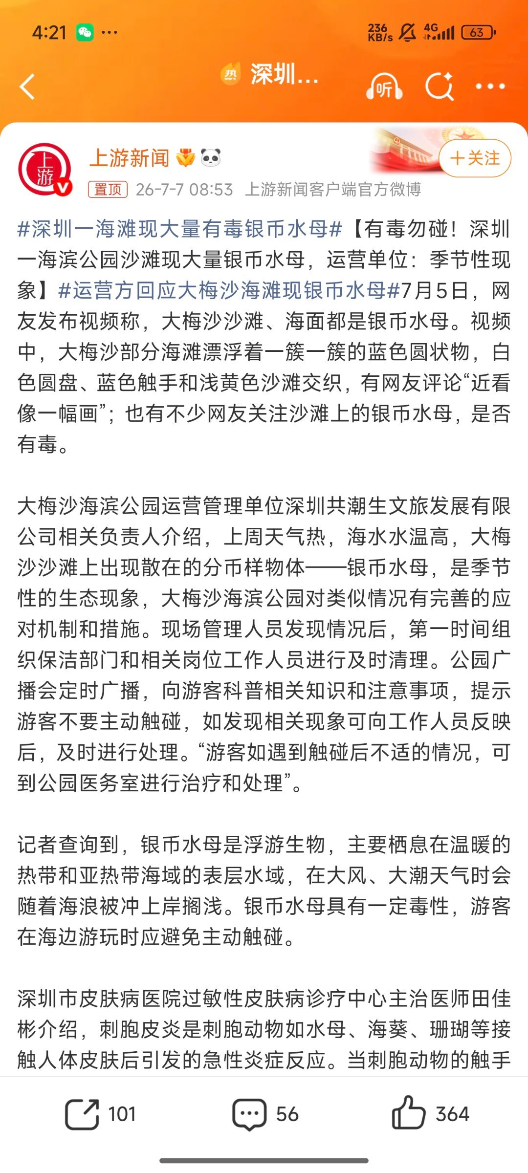 深圳一海滩现大量有毒银币水母提醒深圳的朋友~~近期去海边玩一定要注意不要触碰水母