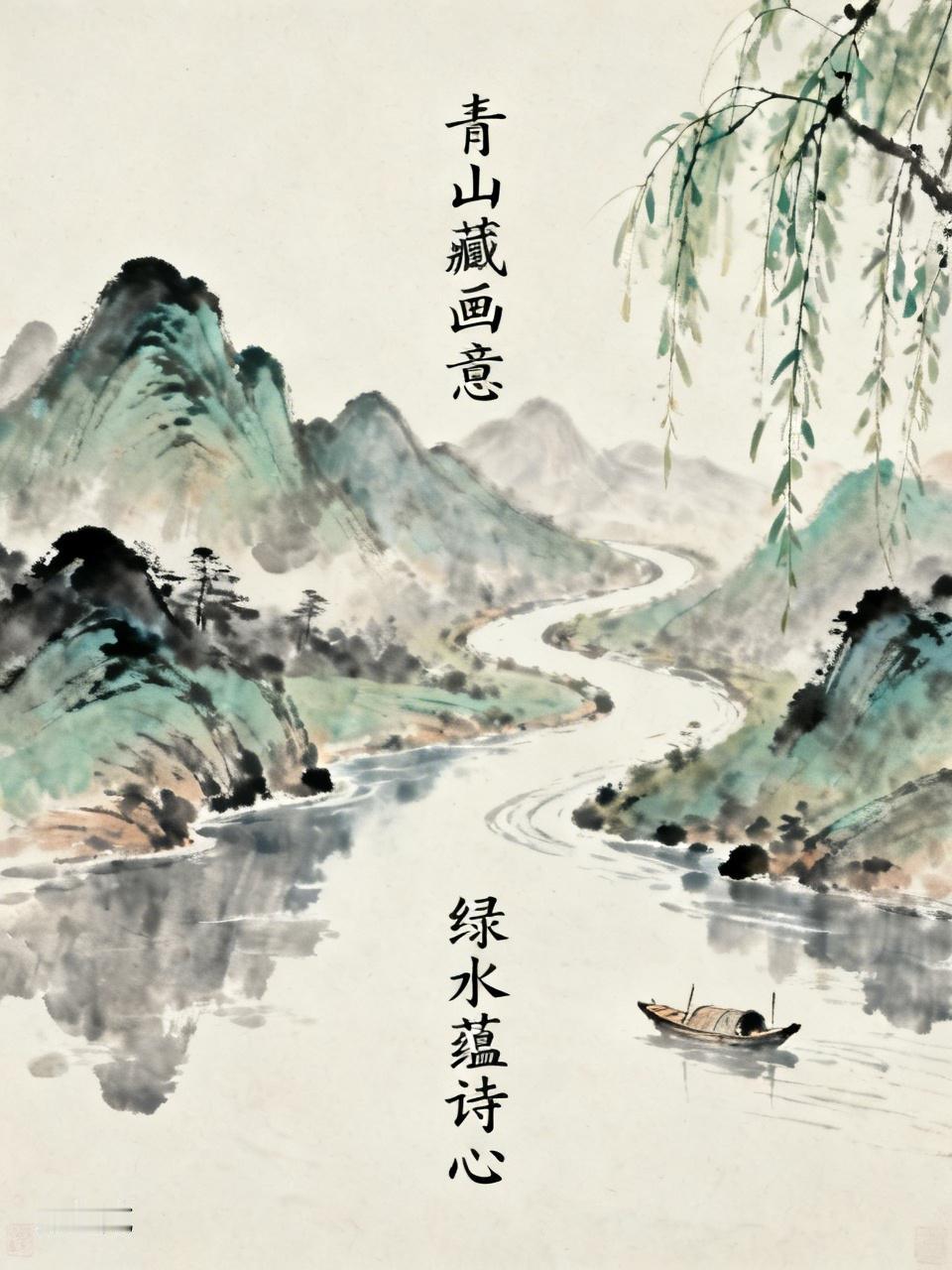 上联“青山藏画意”，“青山”是具体的自然景物，“藏”为动词，“画意”代表一种艺术