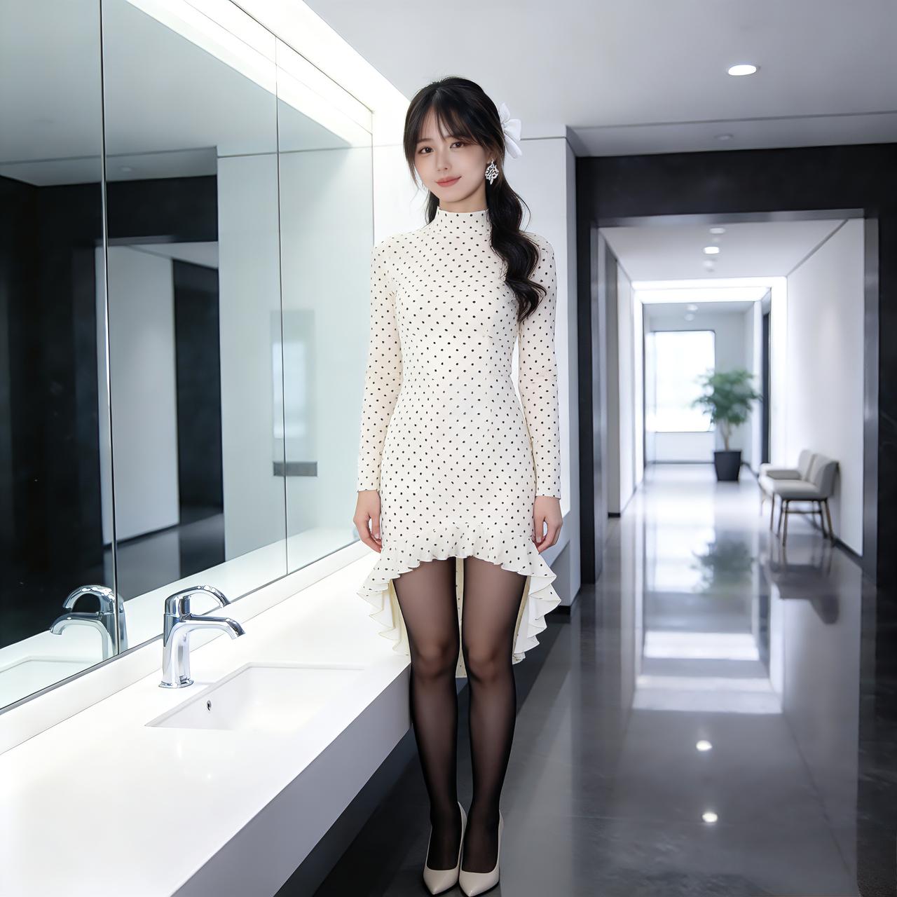 米白色波点长袖连衣裙，
裙长及大腿，下摆精致的波浪边设计，温柔又显灵动；
搭配黑