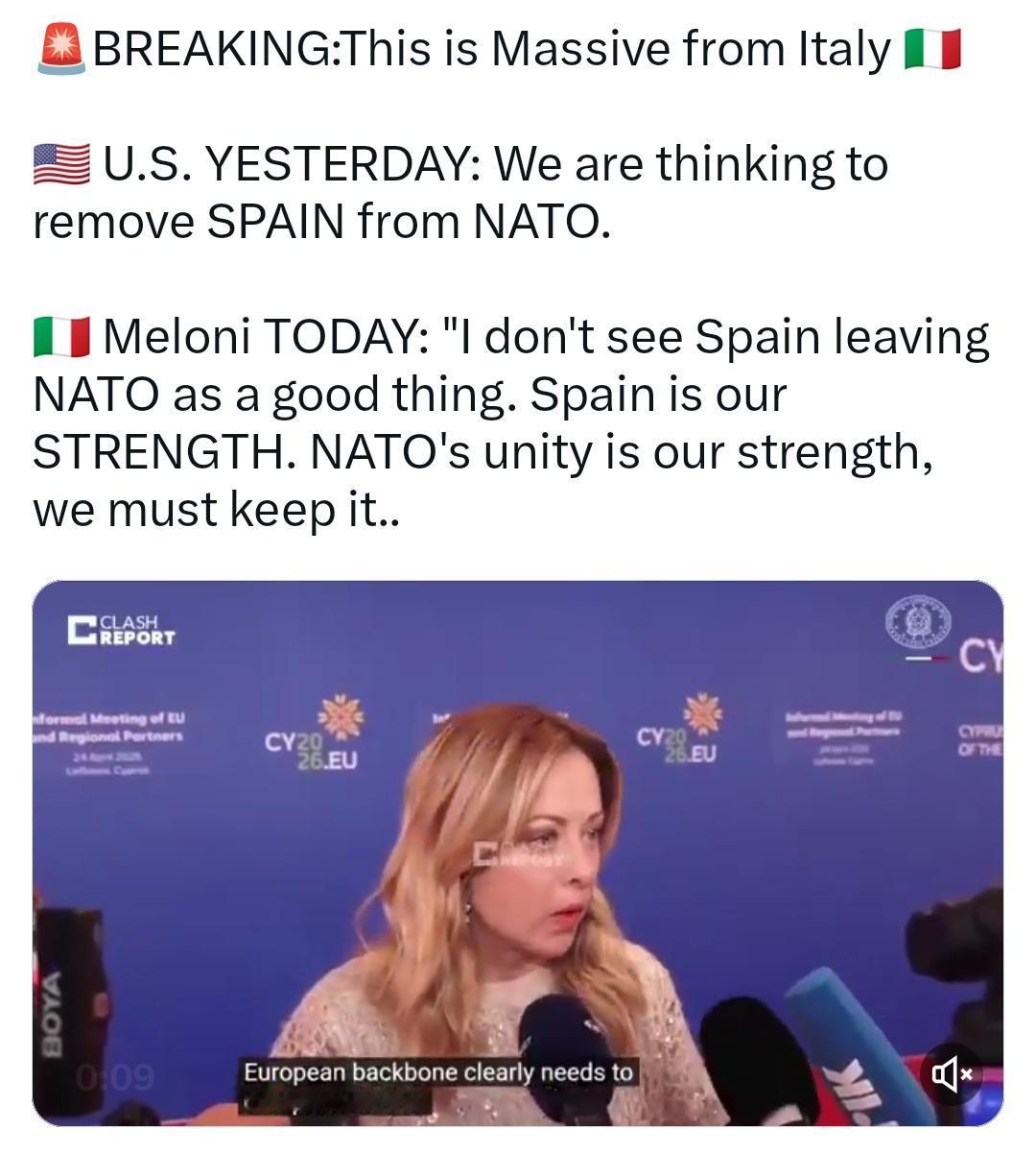 美国表示正考虑将西班牙从北约中除名。但意大利梅洛尼持不同意见，表示：“我并不认为