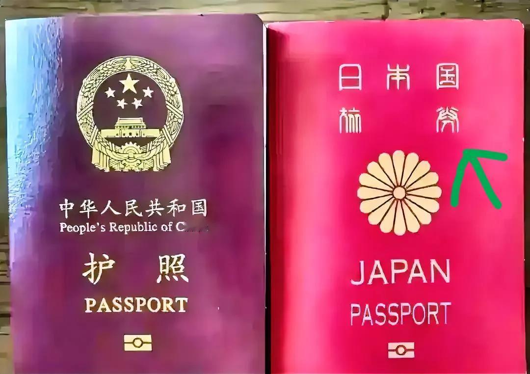 中国护照与日本护照，两个放在一起进行一下对比，中国是把国徽放在最上面，而日本的菊