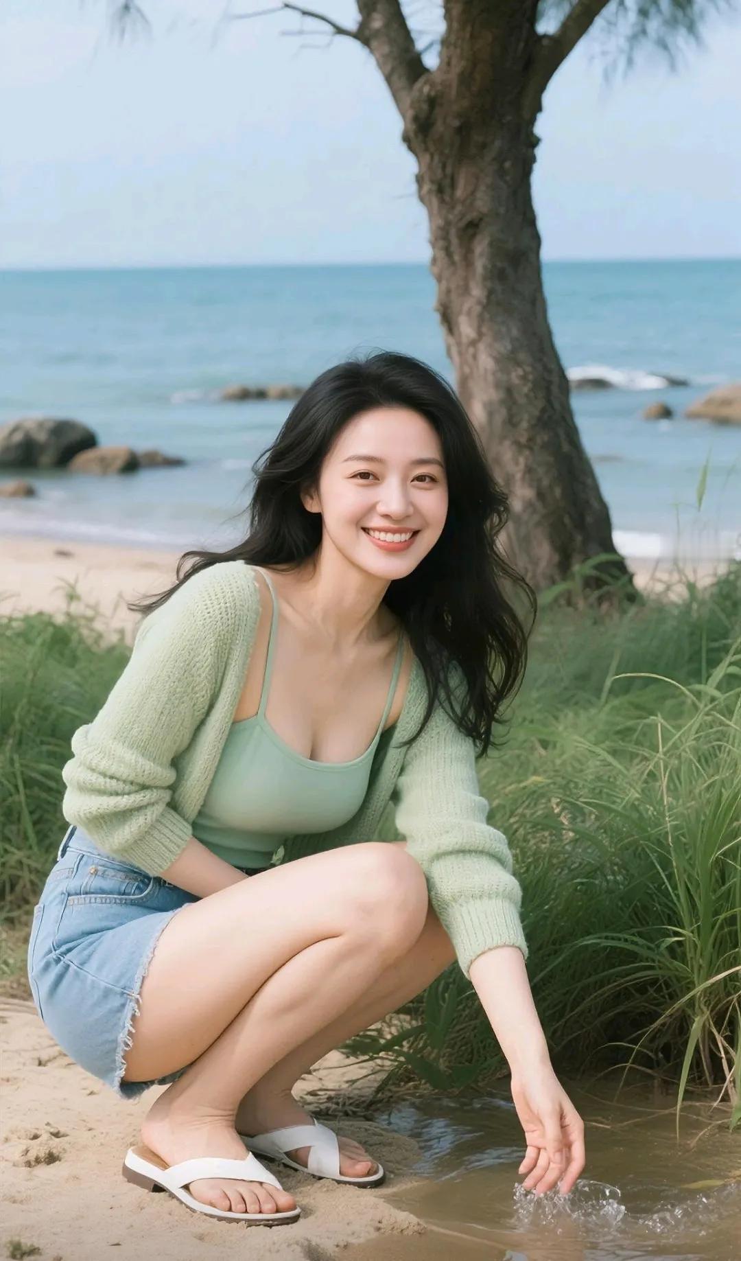 海边少女，微笑蹲下，轻触海浪，享受美好时光。