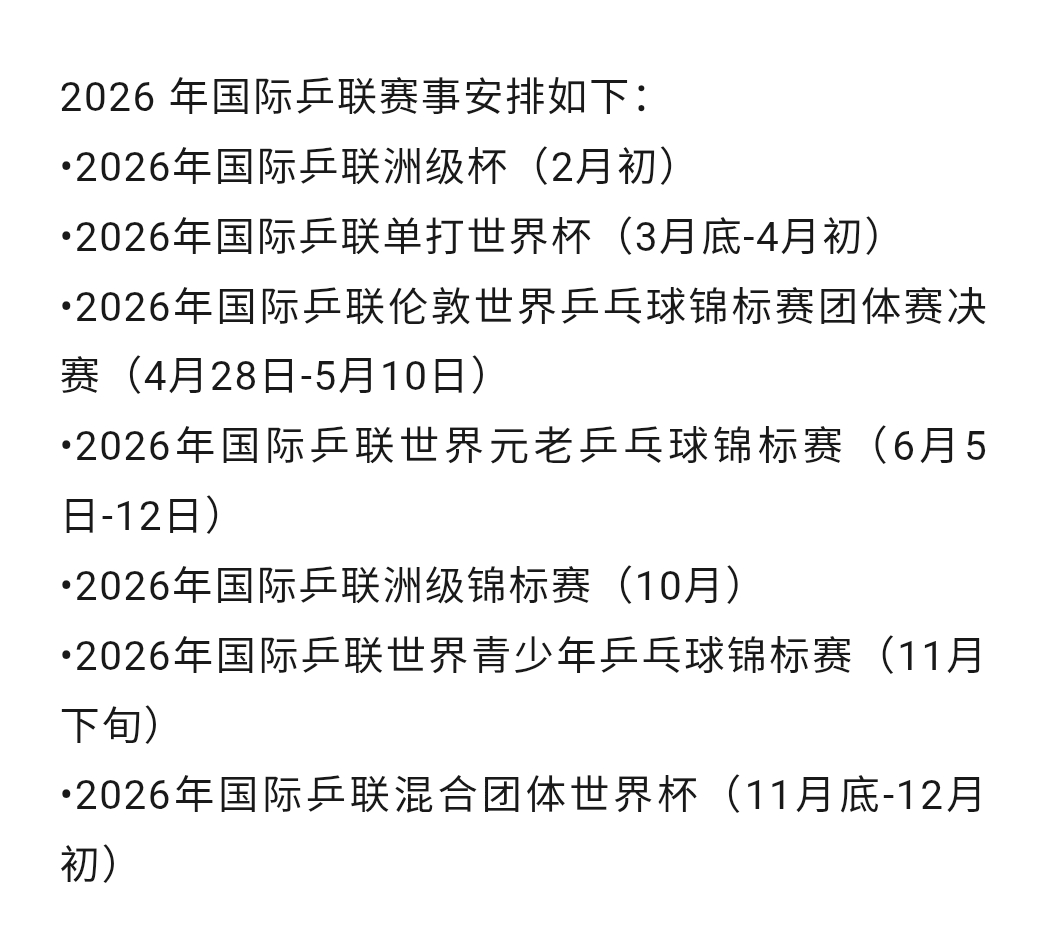 20250804 | 2026年国际乒联赛事安排 ​​​