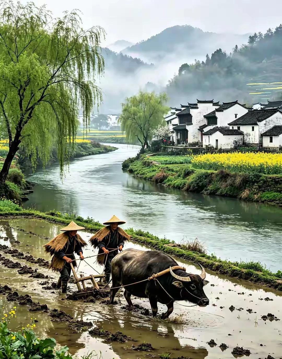 上联：牛耕烟雨外，
下联:   鹰飞云雾间。