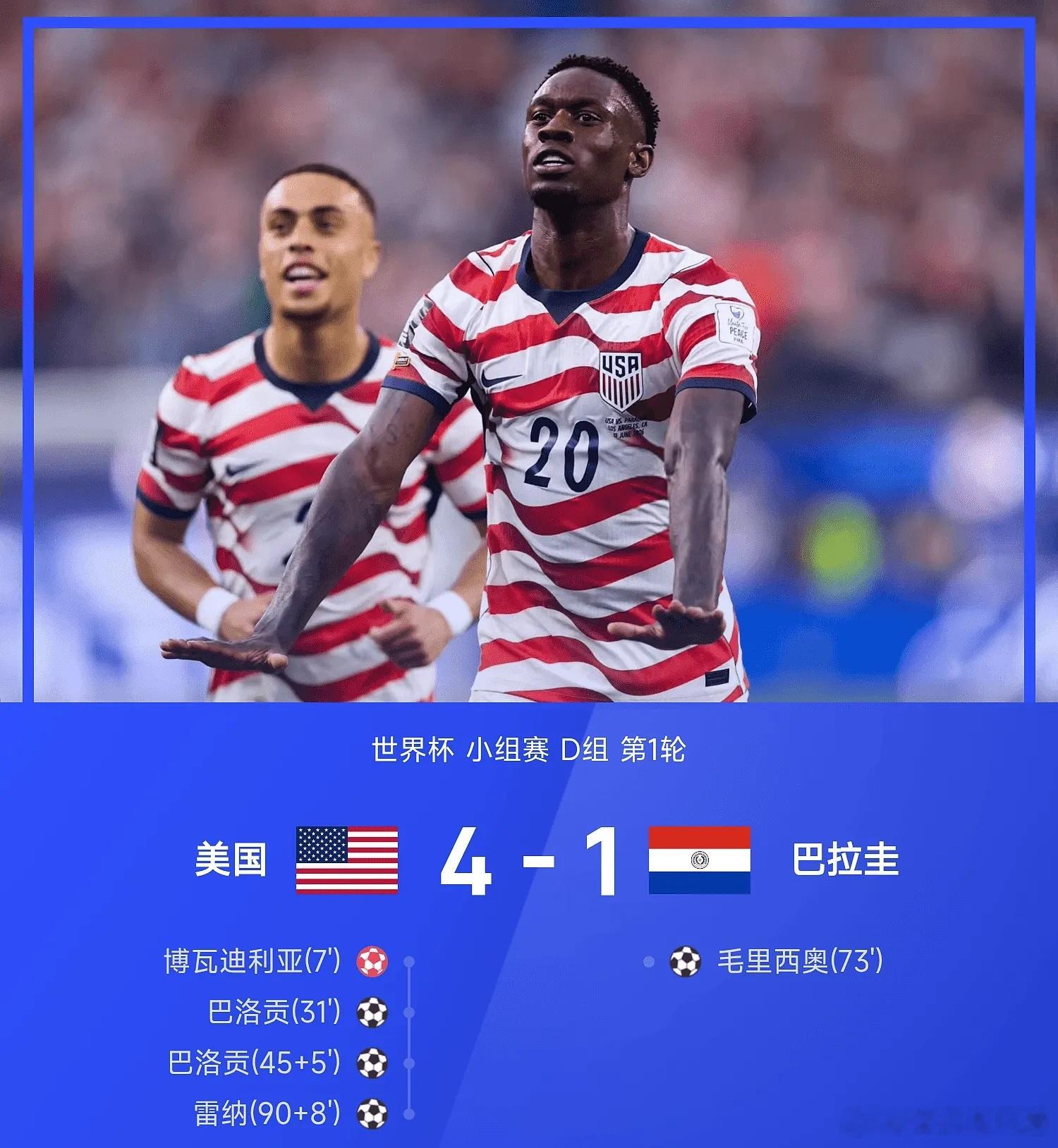 美国4比1巴拉圭美加墨世界杯五大联赛这里有料每日足球推荐 26赛季世界杯小组赛D