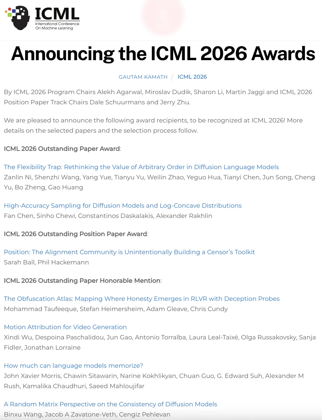 🥳重磅！ICML 2026 获奖名单出炉