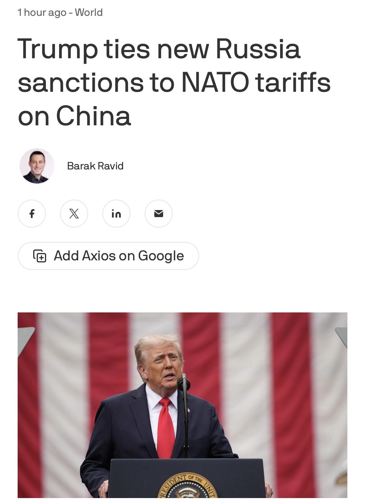 美媒：特朗普要求北约成员国先对中国增加关税，然后美国才会制裁俄罗斯

美国媒体A
