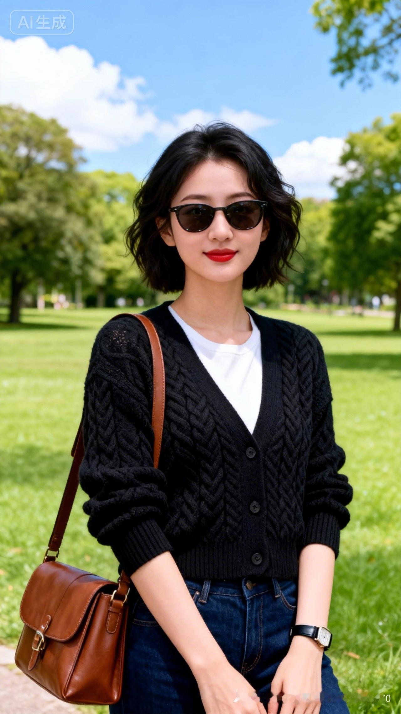 一个女孩在公园里拍照，祝幸福安康。