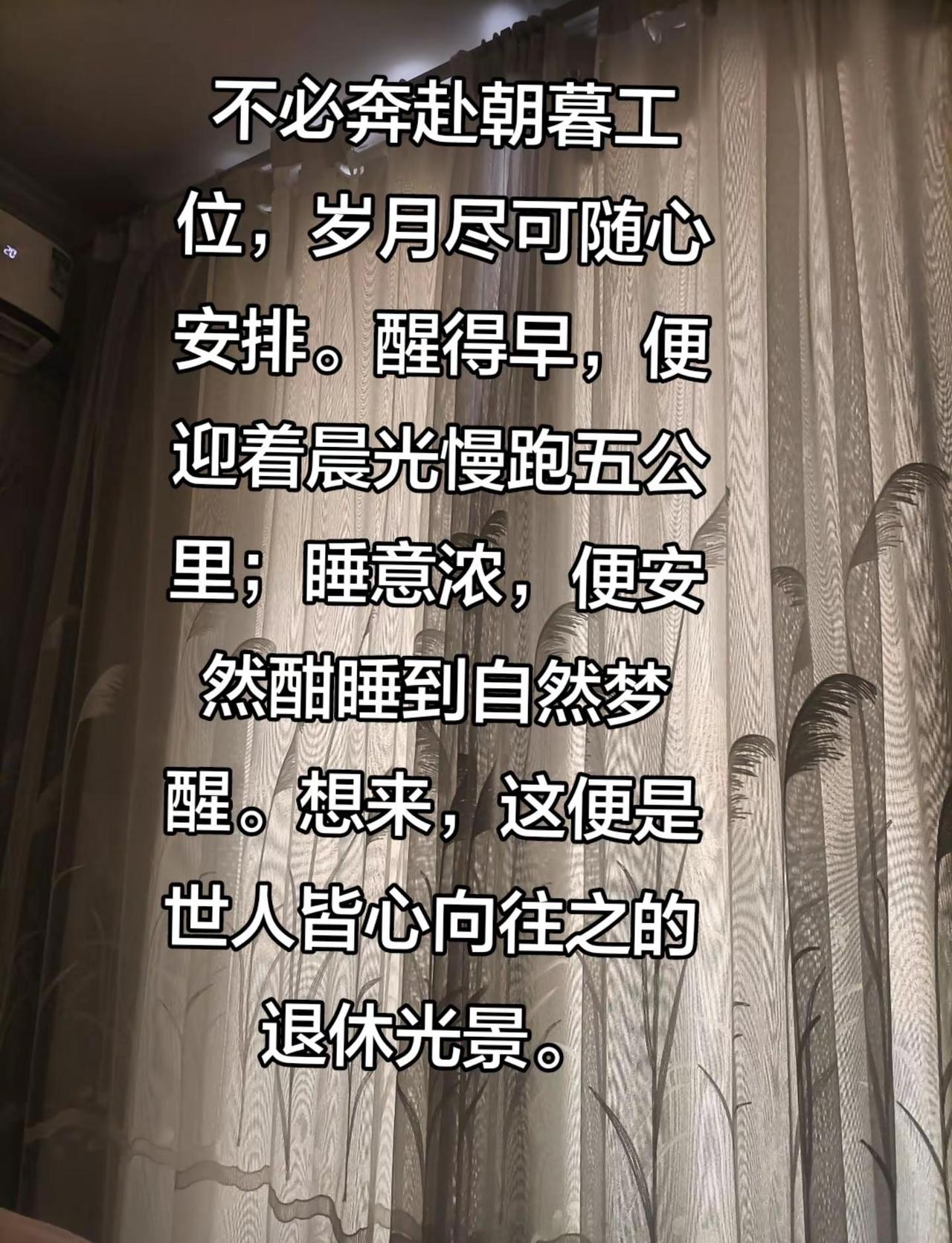 不必奔赴朝暮工位，岁月尽可随心安排。醒得早，便迎着晨光慢跑五公里；睡意浓，便安然