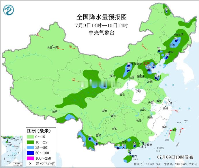 山东辽宁河北等地有大暴雨看一下降水地图，我们这里似乎只阴天不下雨天气很闷，体感温