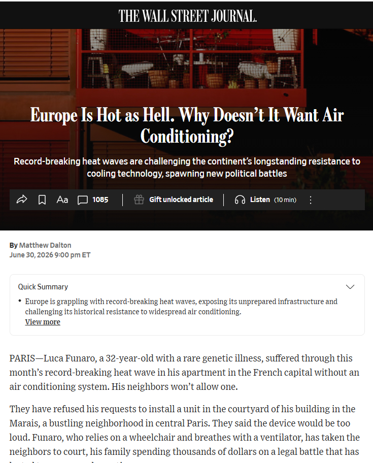 转自华尔街日报：欧洲热得像地狱，为什么仍然不愿意装空调？破纪录热浪正在挑战欧洲大