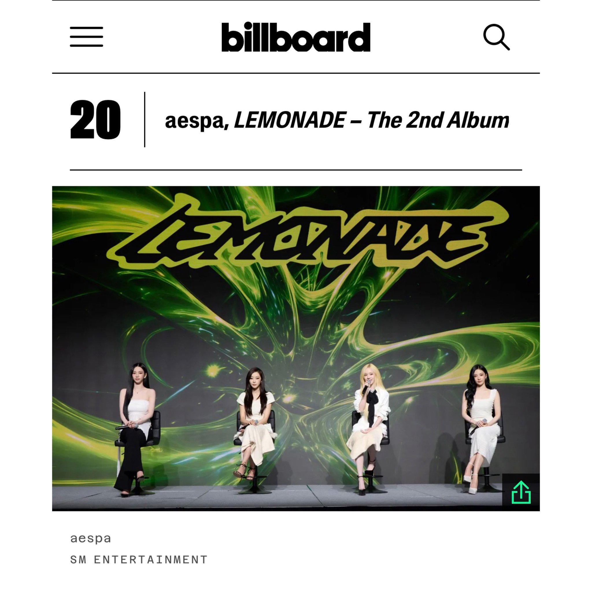 Billboard将aespa的正规二辑《LEMONADE》评选入「2026年迄
