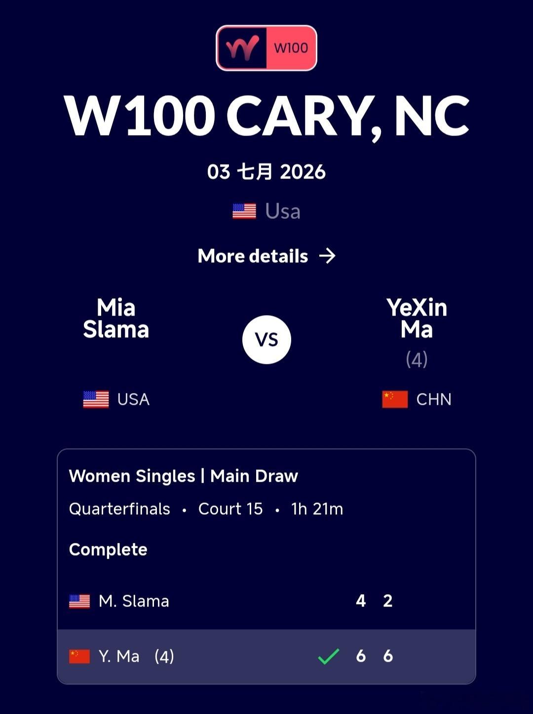 W100卡里站🇺🇸女单8进4马烨欣🇨🇳6-4/6-2战胜本土外卡球员斯拉