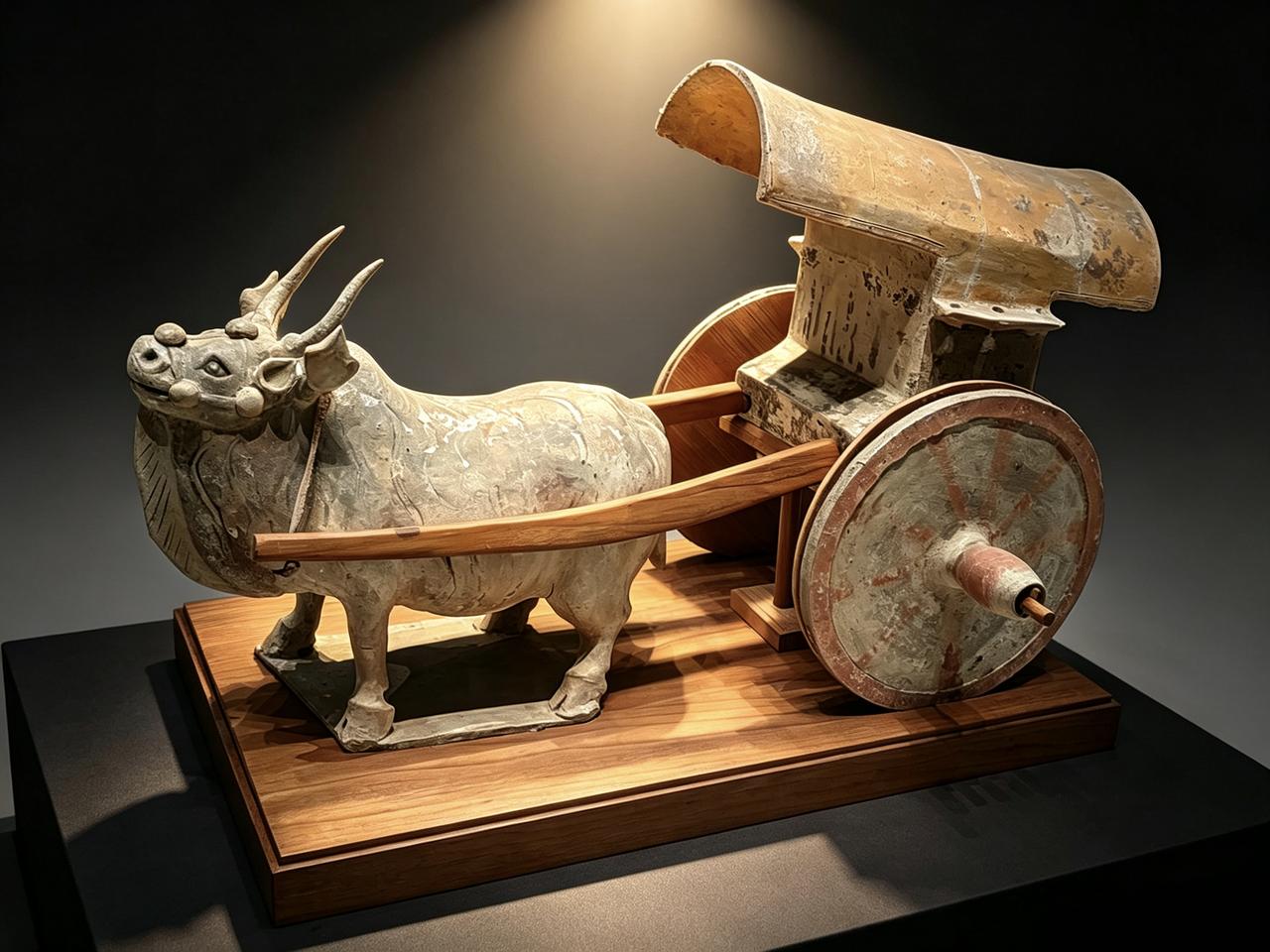 中国国家博物馆展出的北齐（公元550—577年）陶牛车和陶骆驼，同出自于1955