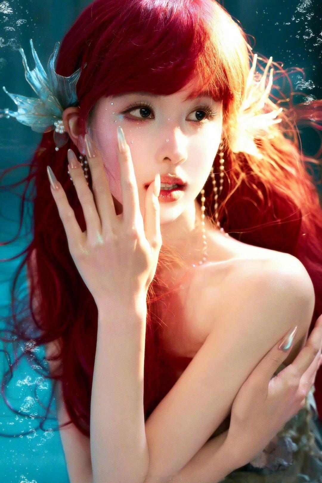 陈都灵红发美人鱼清冷系长相撞上热烈红发！陈都灵33岁生日化身红发美人鱼，波光粼粼
