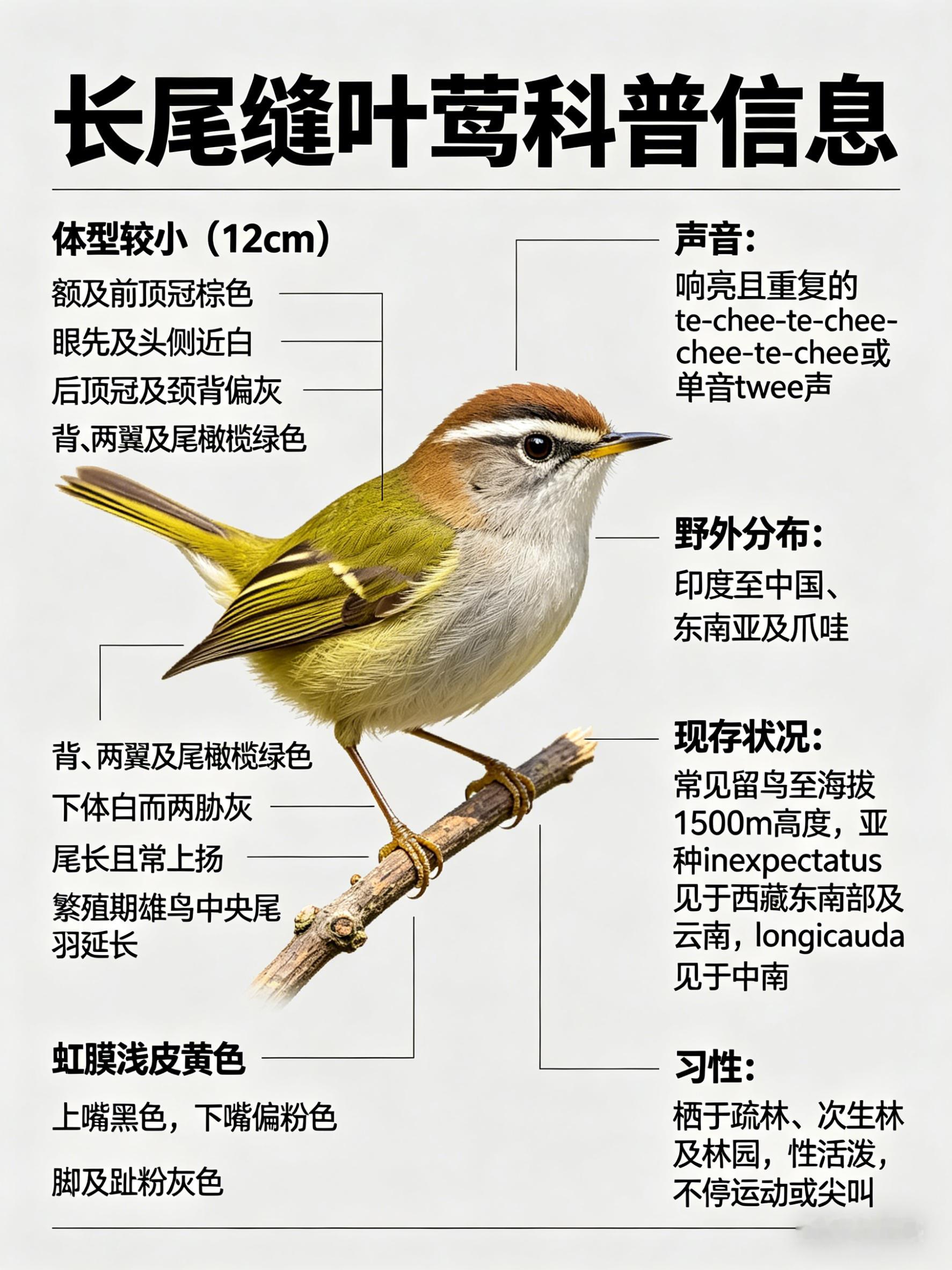 鸟类朋友图鉴 长尾缝叶莺·科属：雀形目，莺科。·外形特征：体型较小（12cm）的