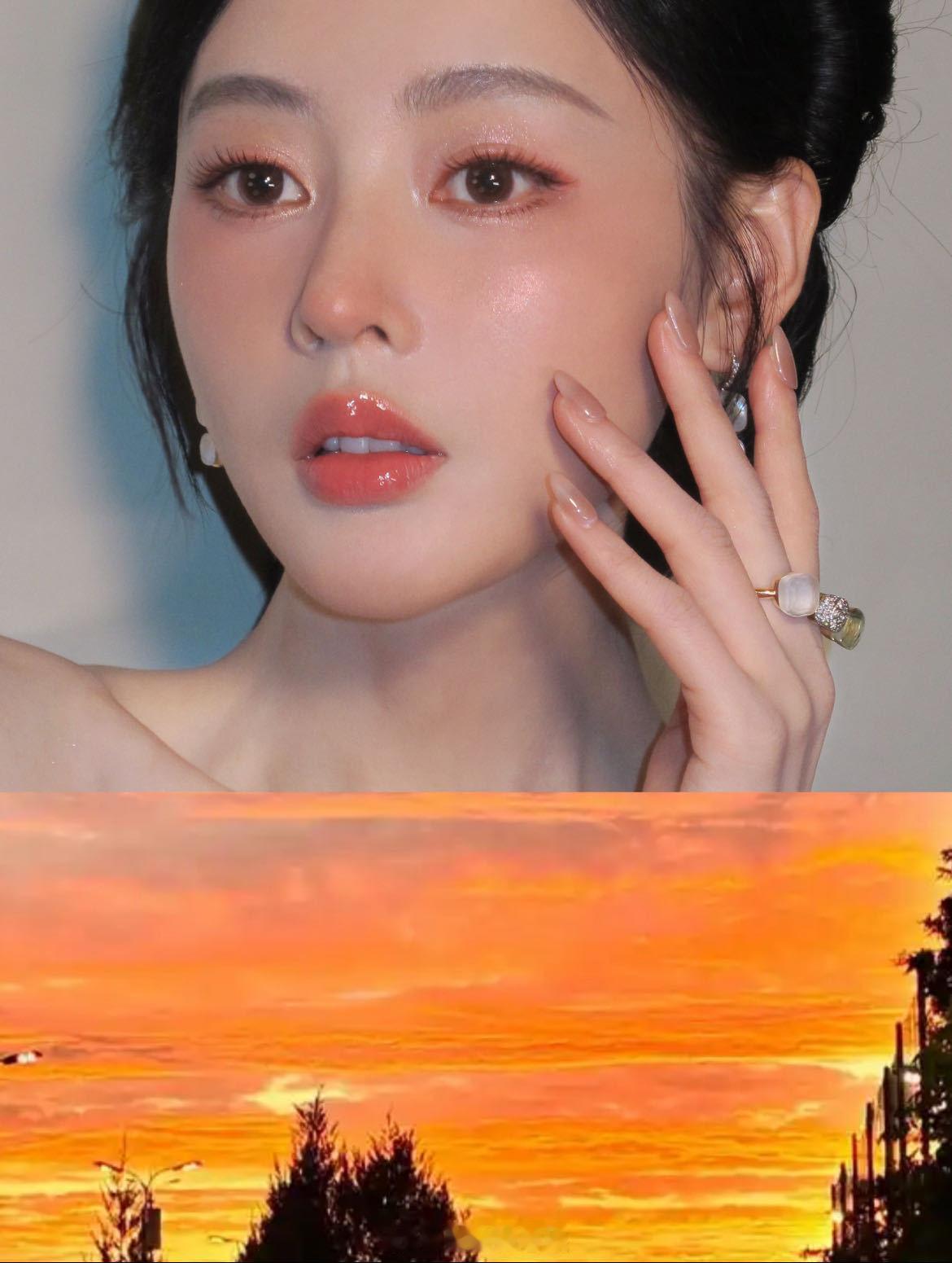 张天爱落日霞光妆气血感好足 被今天张天爱的妆造惊艳，腮红唇妆的暖调色彩形成精妙平