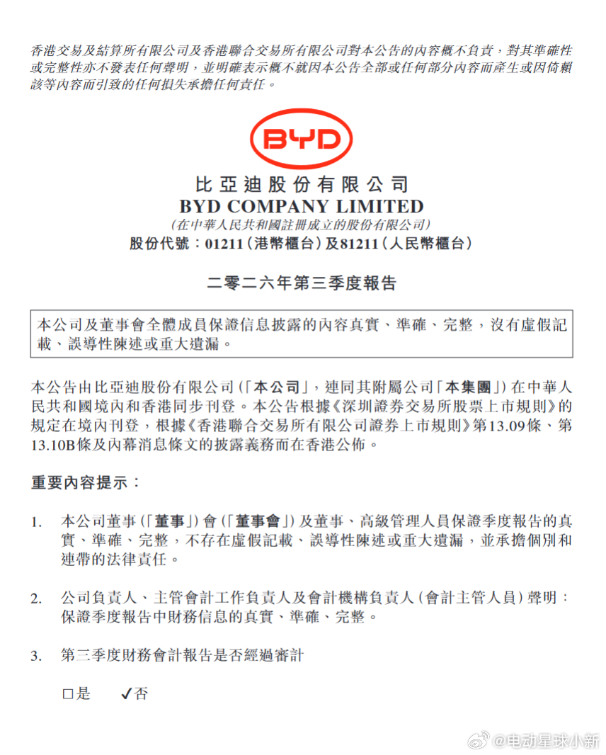 比亚迪公布 2026 年第三季度财报总营收 2214.88 亿元，同比增长 13