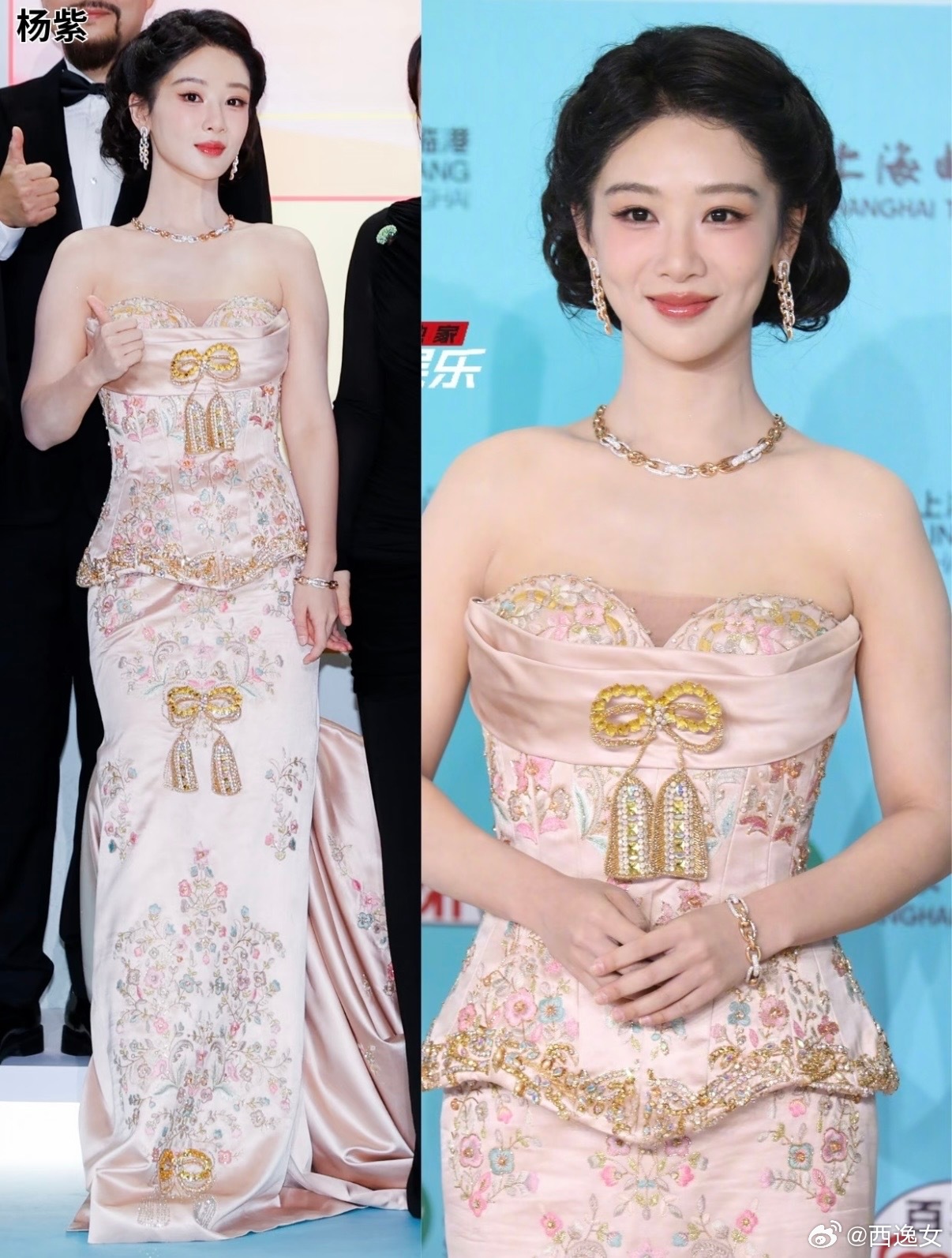 当天杨紫的造型很出圈，她穿粉色刺绣裙，是端庄贵气之美。这样华丽的服装，特别考验人