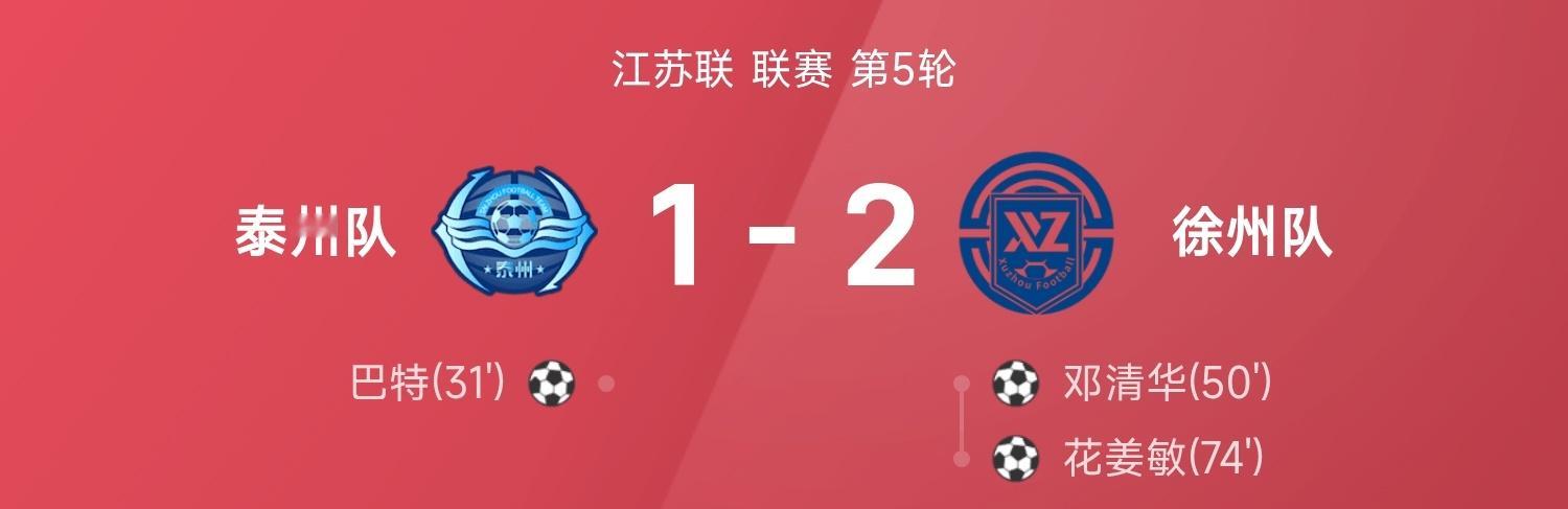 25赛季江苏联联赛第5轮，徐州队2-1战胜泰州队。全场比赛，邓清华、花姜敏破门建