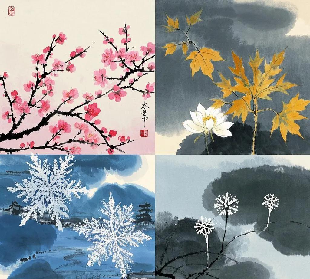 - 雨落春夏秋冬：“雨落”对“风吹”，都是自然现象的动态描写，“春夏秋冬”对“东