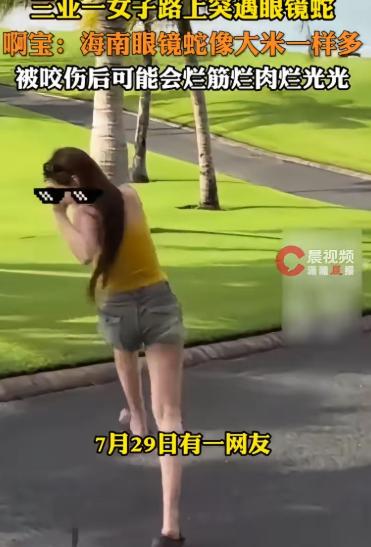 海南三亚，一女孩刚对着镜头摆好姿势，死神已悄然逼近——身后不到两米，一条眼镜蛇挺