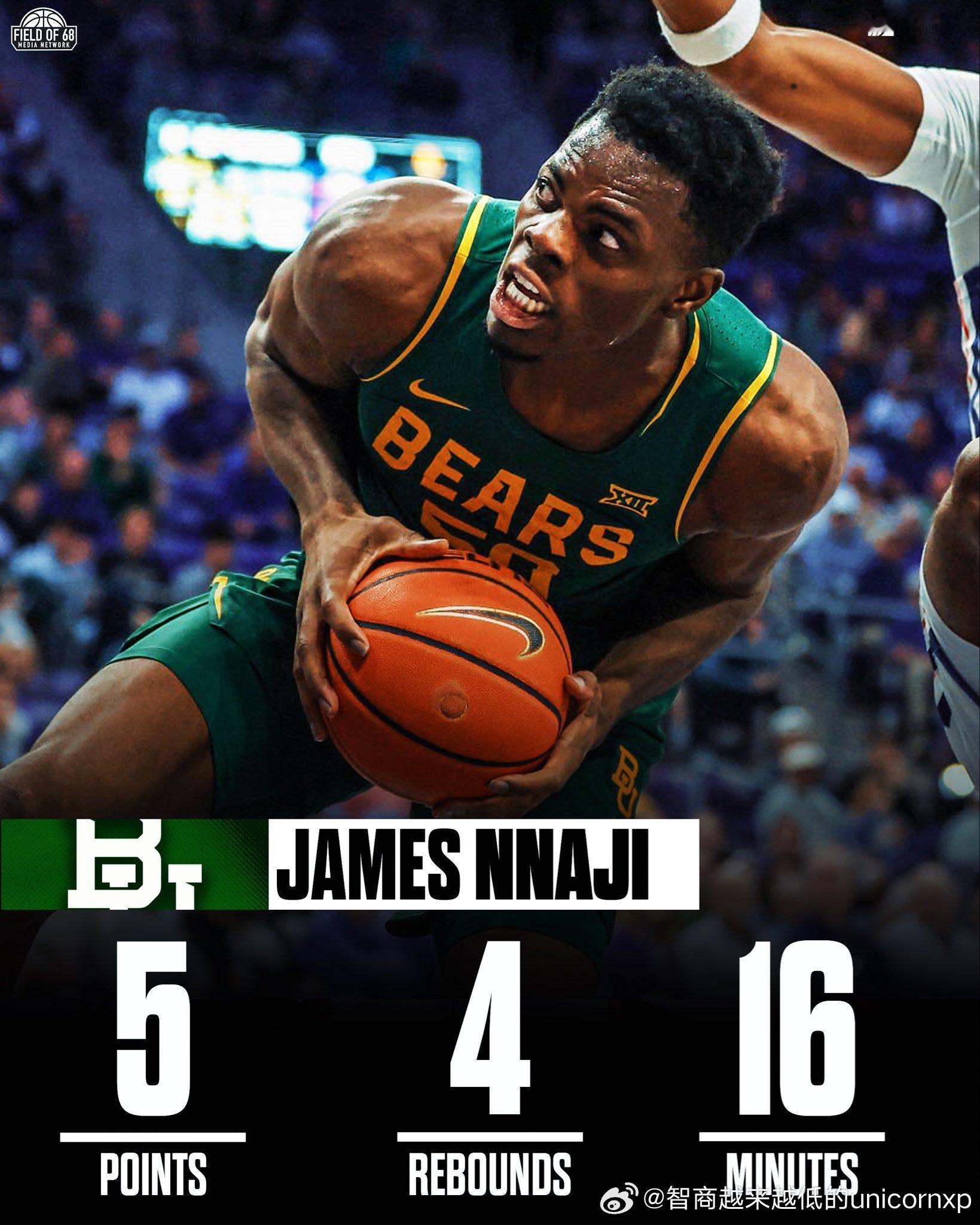 23年31号新秀中锋James Nnaji完成NCAA首秀，出场16分钟得到5分