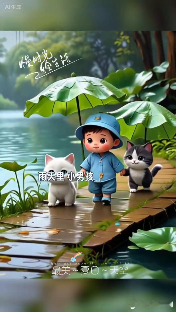 慢时光，一绘生活。
最美夏日天空，雨天里小男孩牵着猫咪撑着荷叶伞漫步，这画面太治