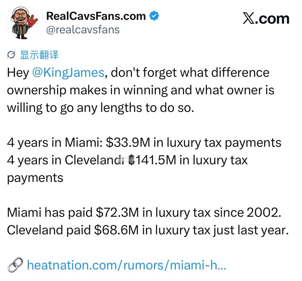 国外骑士主页RealCavsFans.com帮球队招募老詹，开始列举热火不肯投入