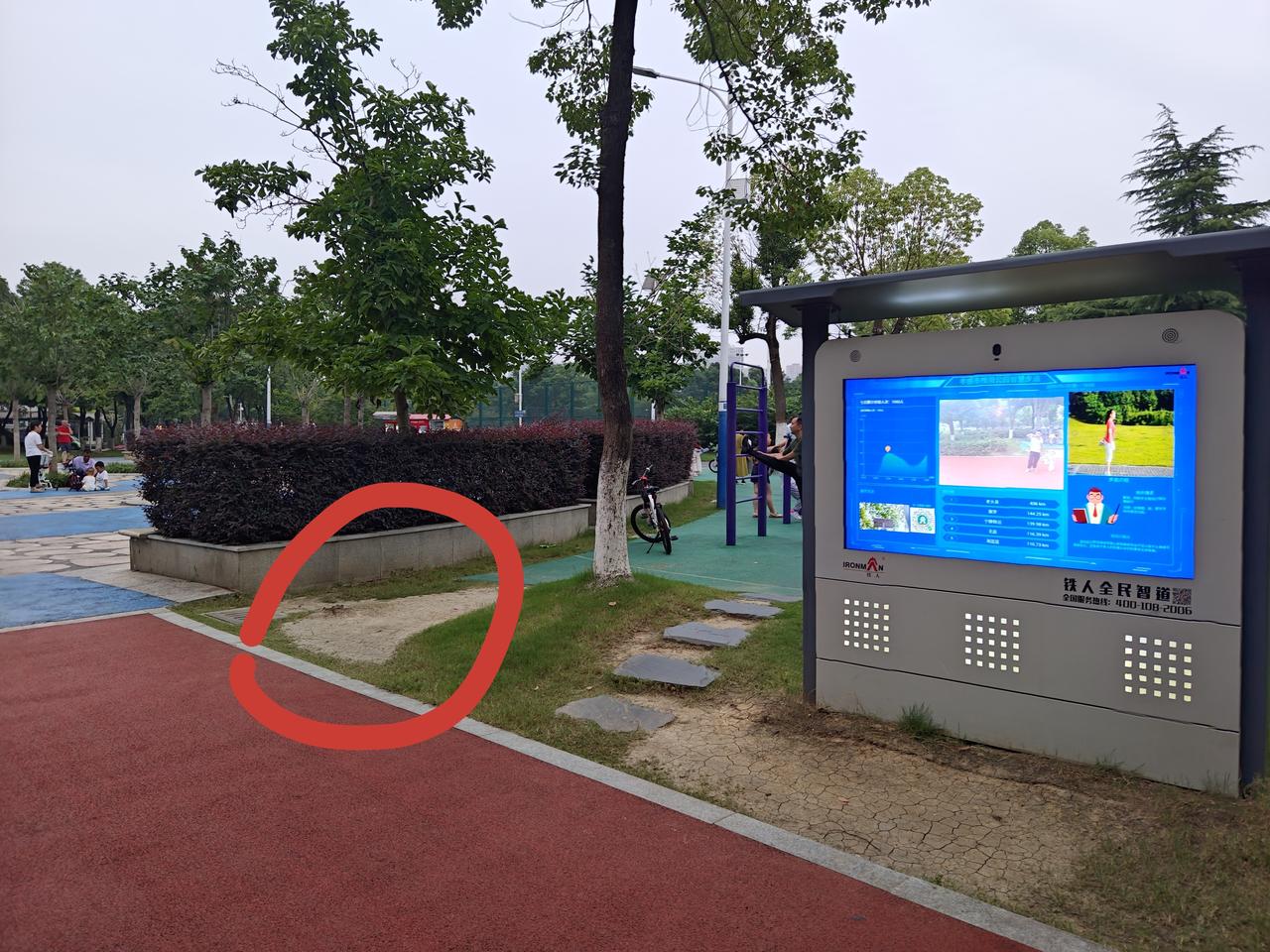 孝感槐荫公园民邦璞樾正对处那块的健身器材附近有裸露钢钉，有老人小孩意外创伤风险存