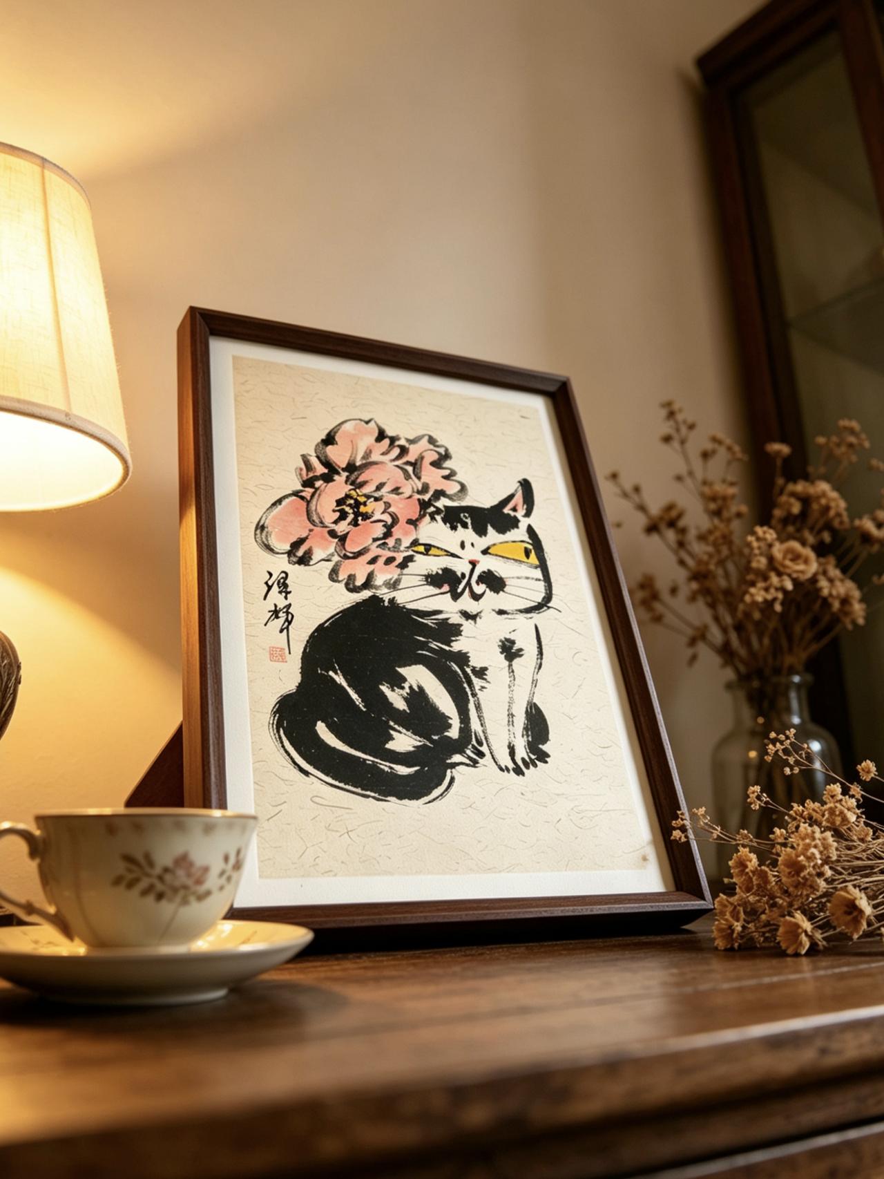 温泽辉潦草猫 可爱猫咪国画 萌宠国画 猫系生活美学 小众定制装饰画