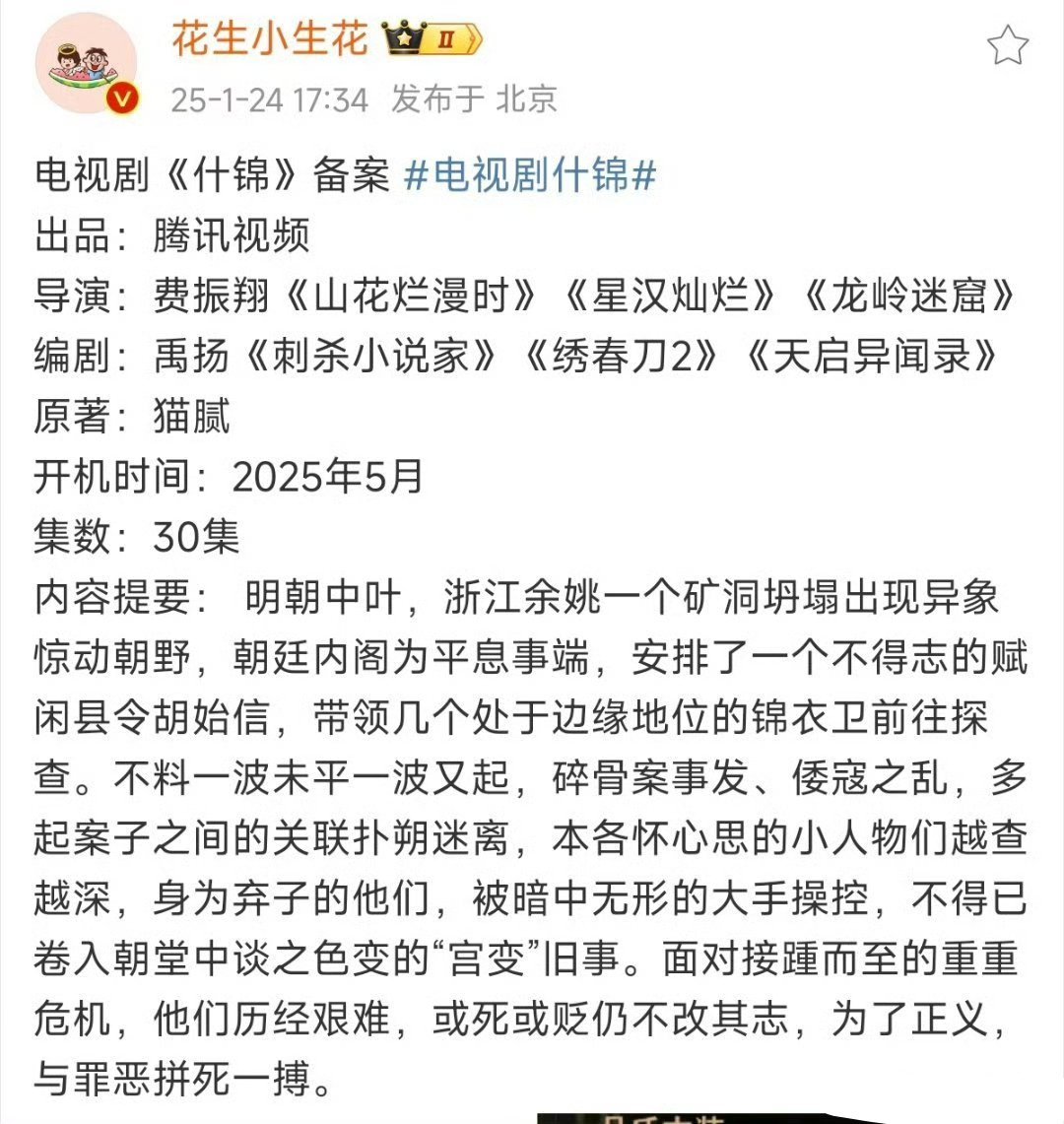 《什锦》这个剧名看着很古偶，其实是大男主剧班底还行费振翔最近剧的质量还不错，你吹