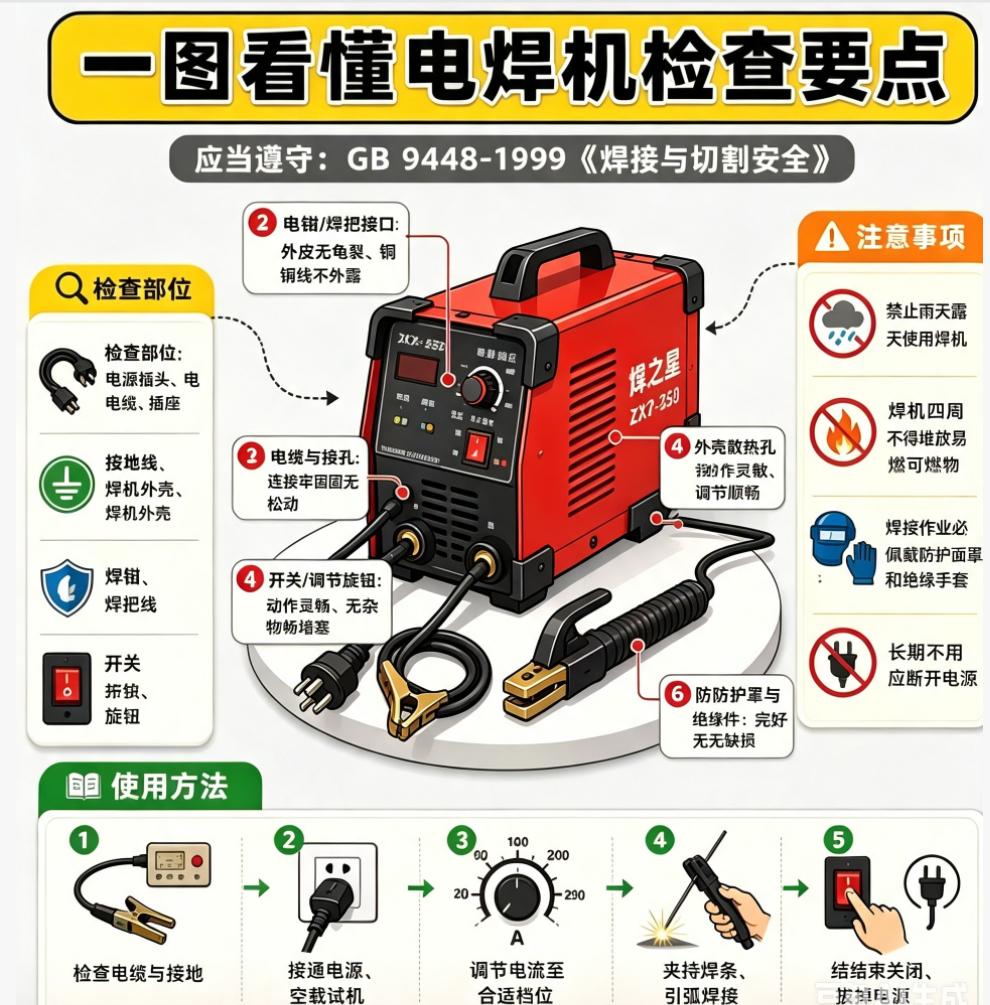 一图看懂电焊机检查要点｜图文解读
一、开机前检查部位
电源线接头：无破损、插头紧