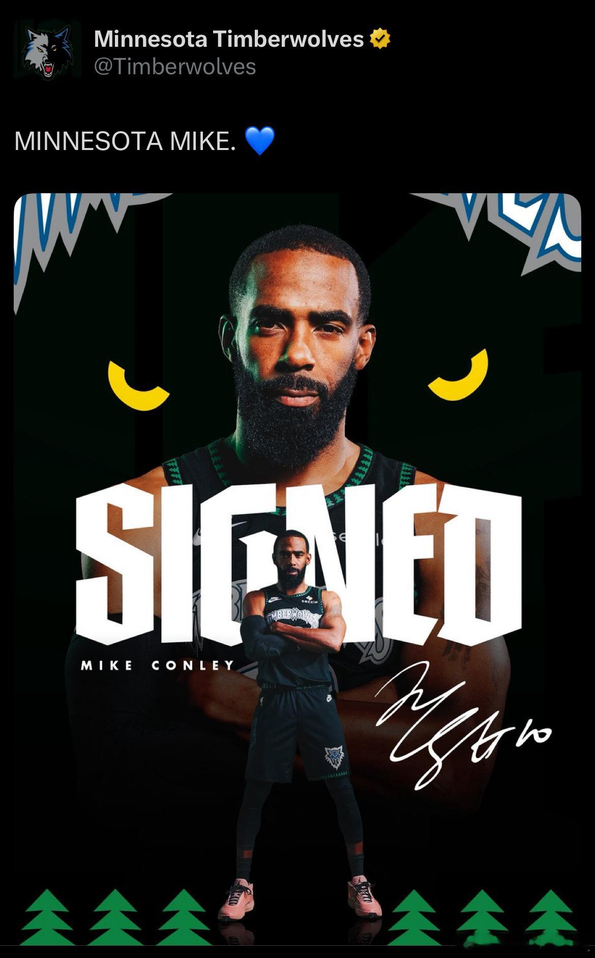 森林狼官宣签回迈克-康利至赛季结束本赛季44场比赛场均4.4分1.8板2.9助（