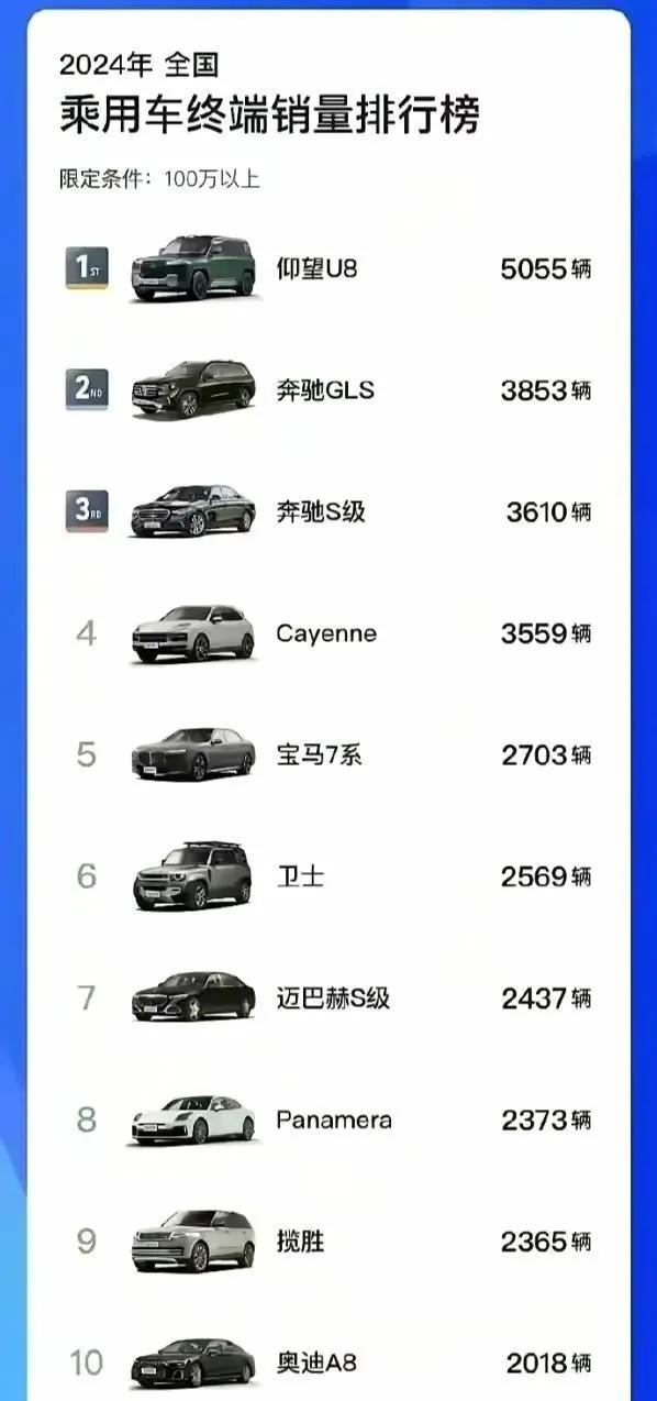 谁还敢说比亚迪技术不行，谁还敢说国产豪车竞争力不行。

比亚迪仰望U8年销量排名