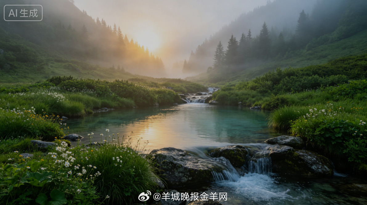 #早安# 盛夏清晨薄雾氤氲山涧，一汪清潭映着初升柔光，潭边长满青翠草木与星星点点