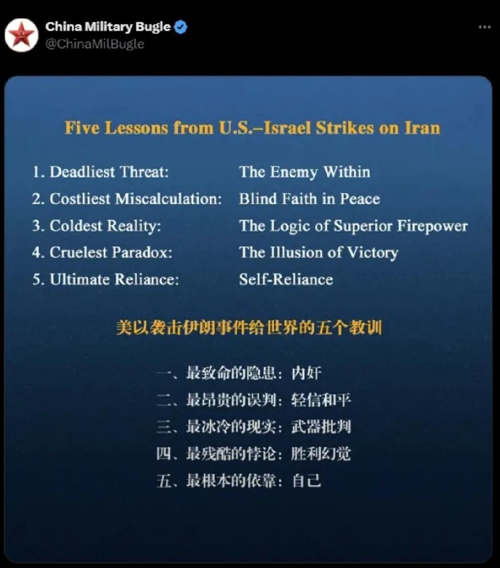 中国军号三月三日，在社交平台x上，用中英双语发布，《美以袭击伊朗事件给世界的五个