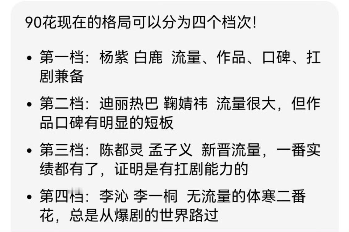 90花现在的格局网友评90花现在的格局，分成了四个档次，你怎么看？👀1️⃣杨紫