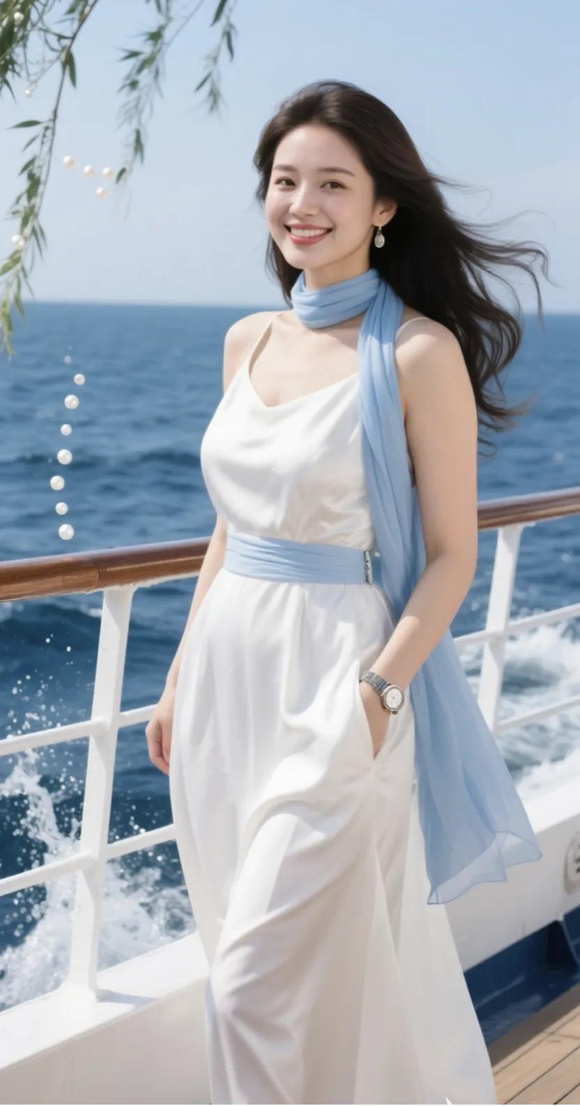 夏日海风中的优雅白裙，蓝色丝巾飘逸，微笑面对大海，感受生活的美好。