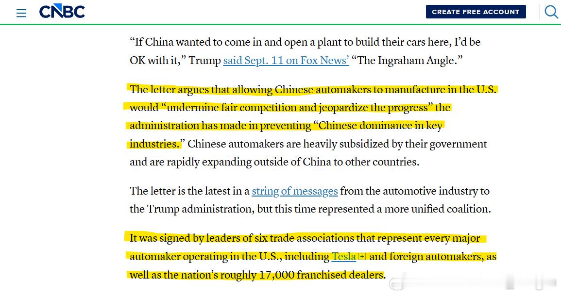 CNBC报道，美国汽车行业写信敦促特朗普禁止中国汽车制造商进入美国市场，这封信的