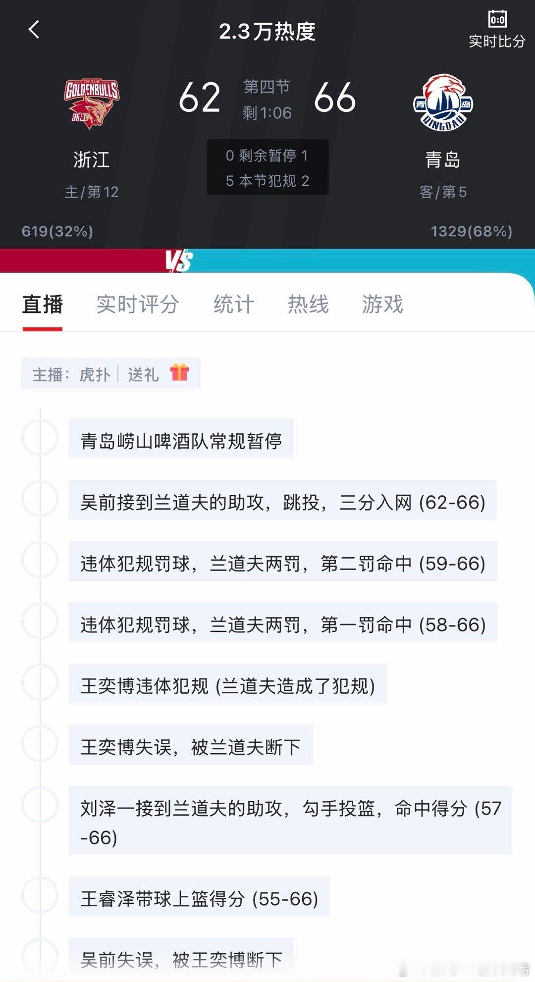 看看别人cba联赛 浙江和青岛战况激烈。 